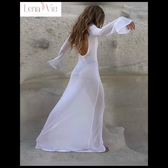 Luxury Palm Desert Semi Sheer Long Maxi Dress, Summer Bikini Bell Sleeve Coverup - Picture 5 of 7